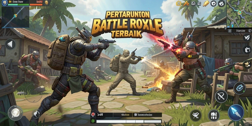 Tangkapan layar utama 34R menampilkan aksi intens dari gameplay Battle Royale.