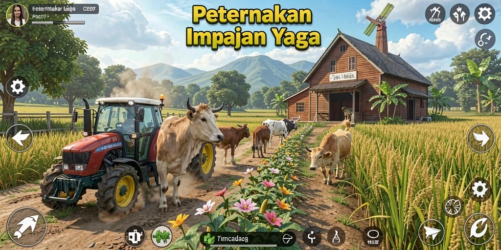 Tampilan gameplay <strong>COO77</strong>, menampilkan kebun yang indah dan aktivitas bertani.