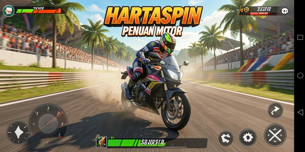 Gameplay seru HARTASPIN dengan balapan motor yang mendebarkan.