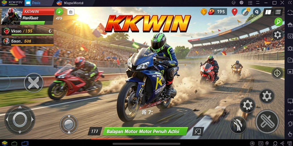 Screenshot KKWIN menampilkan balapan motor di lintasan yang menegangkan.