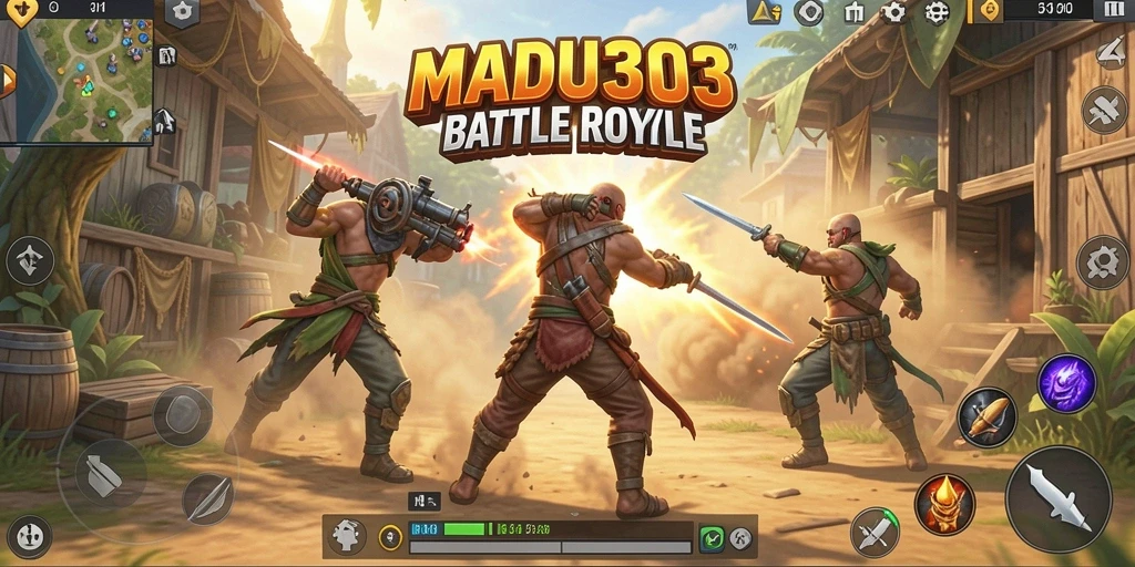 Tangkapan layar gameplay MADU303 menunjukkan aksi pertarungan Battle Royale yang mendebarkan.