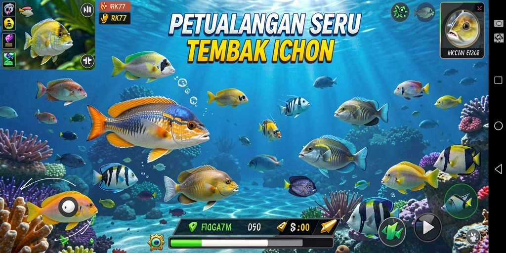 Screenshot RK77 menampilkan aksi seru menembak ikan di bawah laut.