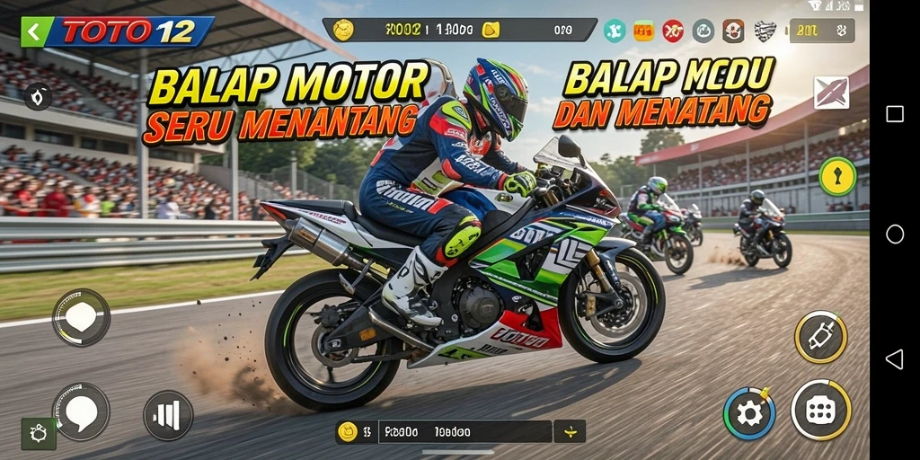 TOTO12 menampilkan gameplay balap motor yang seru dan mendebarkan.